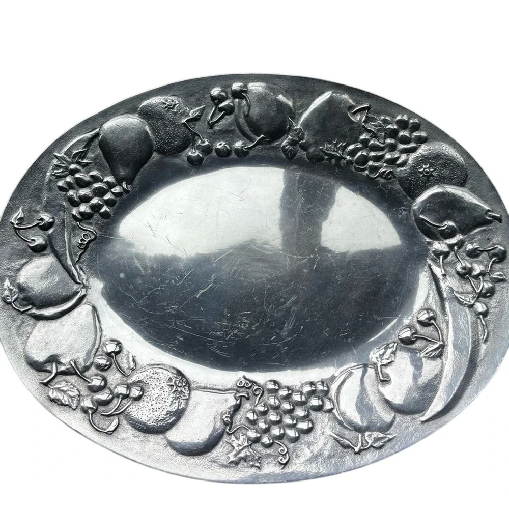 Vintage Wilton Armetale Large Oval Serving Platter Tray Dish w/ Fruit Design 20